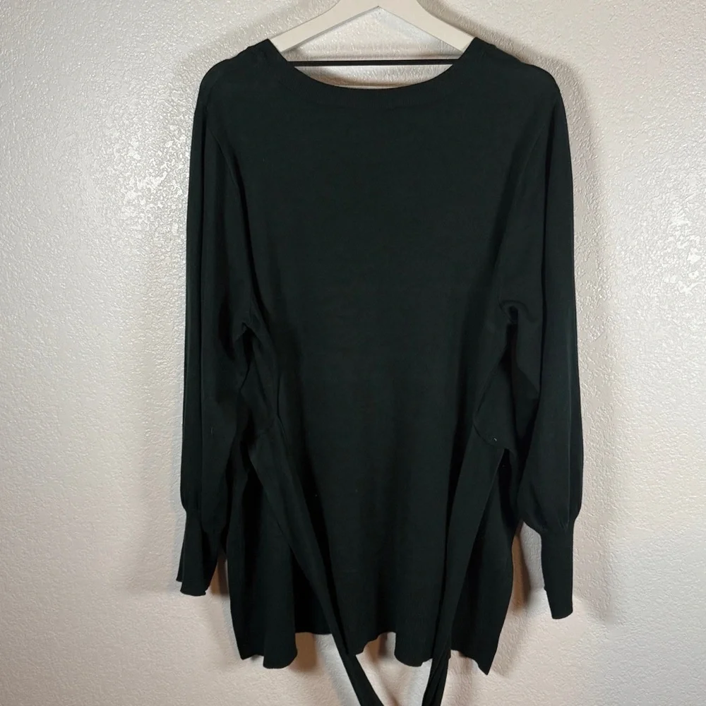 Eloquii Forest Green V Neck Tunic Sweater Puff Sleeves Waist Tie Belt Size 18/20